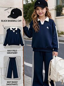 青少年女孩簡約時尚騎士刺繡V領翻領長袖保暖內裡運動衫套頭衫搭配側邊對比色織帶直筒長褲套裝，秋冬日常穿著 - 藍色 - 查看 1