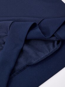 青少年女孩簡約時尚騎士刺繡V領翻領長袖保暖內裡運動衫套頭衫搭配側邊對比色織帶直筒長褲套裝，秋冬日常穿著 - 藍色 - 查看 5