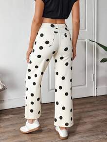 SHEIN Tall 女款黑白波點印花直筒牛仔褲，適合早午餐、週末、日常秋季休閒 90 年代復古風 - 米色 - 查看 3