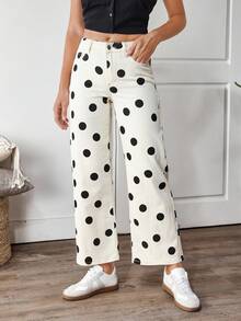 SHEIN Tall 女款黑白波點印花直筒牛仔褲，適合早午餐、週末、日常秋季休閒 90 年代復古風 - 米色 - 查看 4