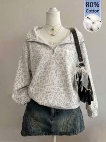 SHEIN EZwear 80%棉女款休閒街頭風半拉鍊運動衫，豹紋，秋季服飾，Y2K，穿搭，復古，日常灰色豹紋灰色 - 彩色 - 查看 7