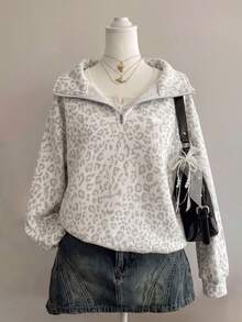 SHEIN EZwear 80%棉女款休閒街頭風半拉鍊運動衫，豹紋，秋季服飾，Y2K，穿搭，復古，日常灰色豹紋灰色 - 彩色 - 查看 4