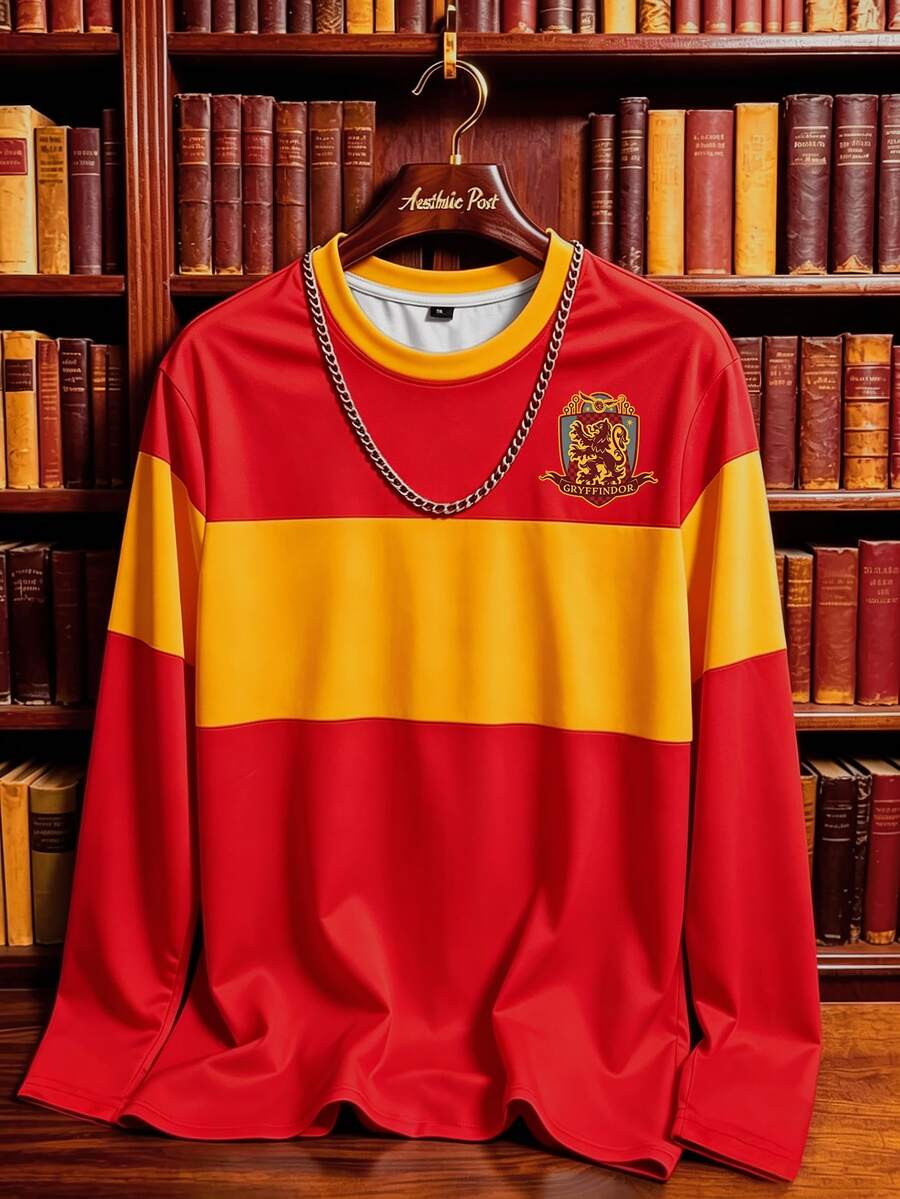 Manfinity HARRY POTTER X SHEIN 男士拼色休閒百搭日常長袖T恤 - 彩色 - 查看 1