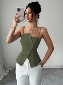 Elenzga 2025新款蓝色不对称设计时尚百搭通勤休闲束腰吊带背心 - 軍綠色 - 查看 5