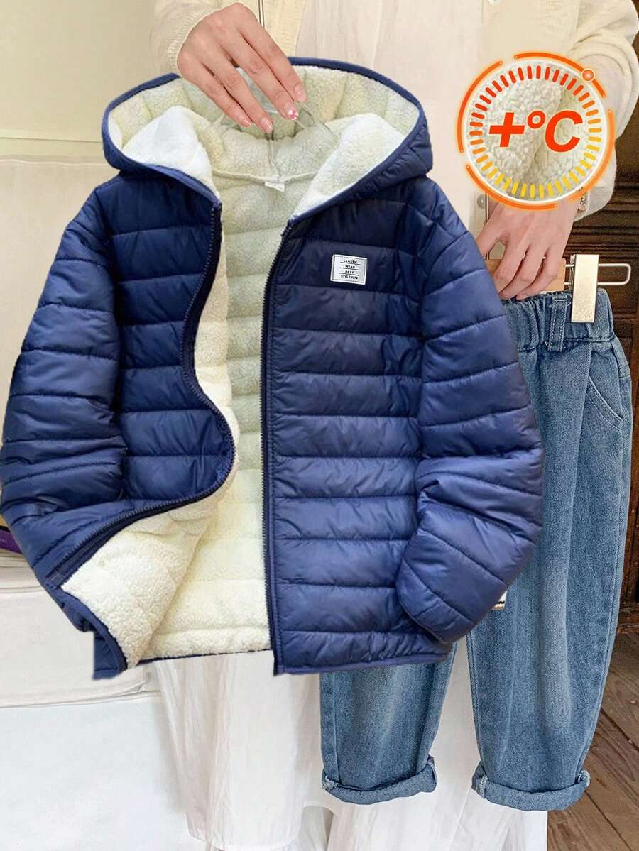 SHEIN 兒童青少年男孩休閒學院風拼接派克大衣，梭織加厚款，適合學校、花園、海灘、生日，春秋夏冬四季穿著，黑色、棕色