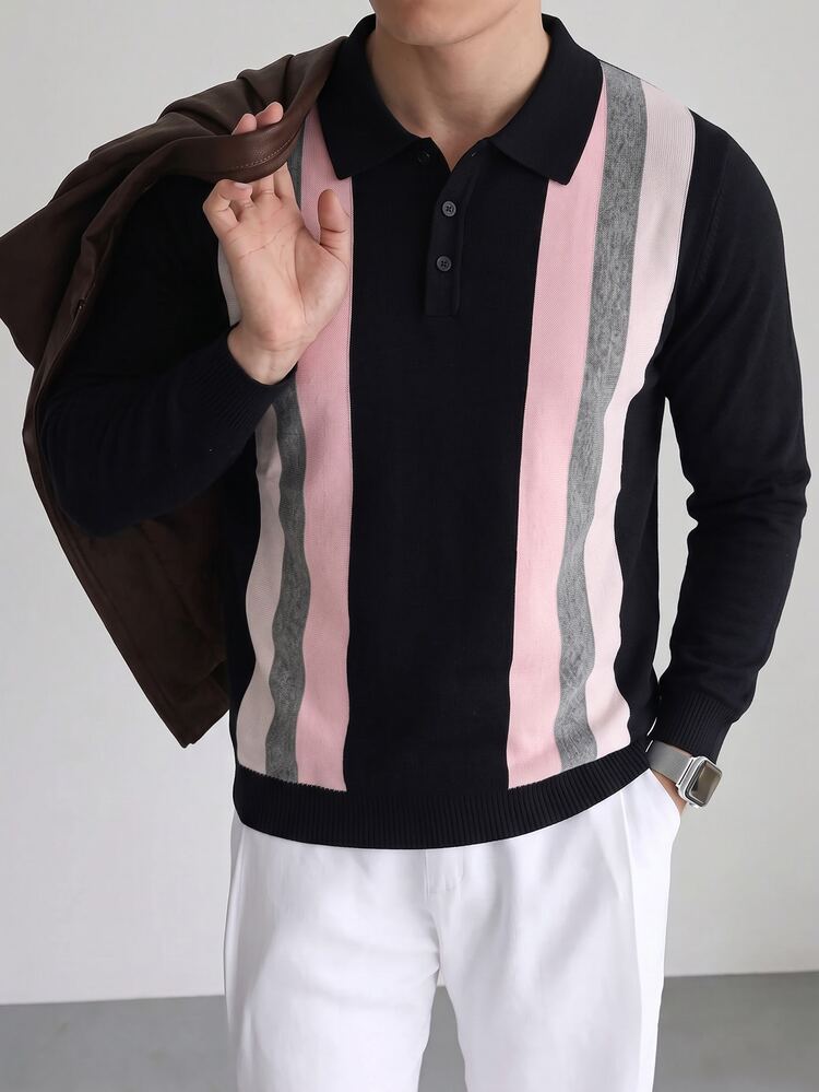 Claim Dot Men's Casual Long Sleeve Pullover Sweater With Turn-Down Collar, Vertical Striped Knit Spring/Autumn/Winter Top, Black And Pink Colorblock Fitted Top, Vintage Slim Fit Vertical Striped Pullover Sweater For Daily Commute - Black - View 7