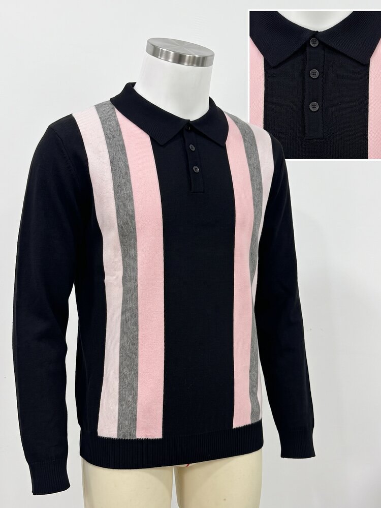 Claim Dot Men's Casual Long Sleeve Pullover Sweater With Turn-Down Collar, Vertical Striped Knit Spring/Autumn/Winter Top, Black And Pink Colorblock Fitted Top, Vintage Slim Fit Vertical Striped Pullover Sweater For Daily Commute - Black - View 5