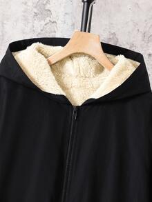 SHEIN 青少年男孩基本款毛絨夾克，休閒連帽秋冬外套，保暖內裡填充外衣，適合返校、畢業、學校日常穿搭 - 黑色 - 查看 3