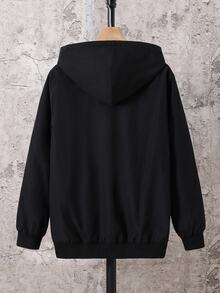 SHEIN 青少年男孩基本款毛絨夾克，休閒連帽秋冬外套，保暖內裡填充外衣，適合返校、畢業、學校日常穿搭 - 黑色 - 查看 2