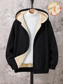 SHEIN 青少年男孩基本款毛絨夾克，休閒連帽秋冬外套，保暖內裡填充外衣，適合返校、畢業、學校日常穿搭 - 黑色 - 查看 5