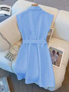 Franclia Women Solid Color City Casual Commuting Midi Dress - Blue - View 2