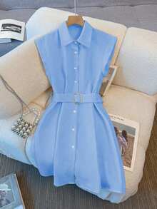 Franclia Women Solid Color City Casual Commuting Midi Dress - Blue - View 4