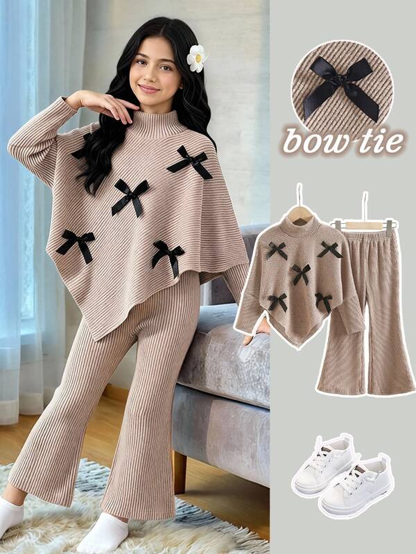 Elladie kids Teen Girls Autumn/Winter New Casual T-Shirt Set, Black 3D Bow Front Decor, Asymmetrical Pullover High Neck Ribbed Brushed Knit Fabric, Khaki Long Sleeve T-Shirt Top With Beige Casual Flared Pants, 2-Piece Set, Suitable For Autumn/Winter Back To School, Elegant Lady Style, High-End Daily School, Outing, Travel, Party Wear