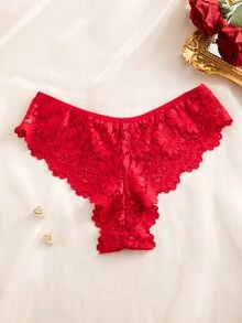 SHEIN Elacene 女式無痕蕾絲三角褲內衣 - 酒紅色 - 查看 3
