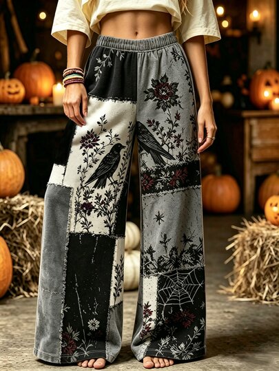 Selamara Women's Halloween High-Waisted Wide Leg Pants, Gothic Print Decadent Aesthetic Style Cargo Pants, Dark Academia Long Pants