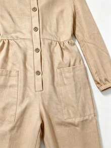 Breezaya Damen einfarbiger Langarm einreihiger Knopf-Taschendesign lässiger Hemd-Jumpsuit Picknick Beige Herbst - Khaki - Übersicht 7