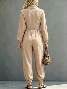 Breezaya Damen einfarbiger Langarm einreihiger Knopf-Taschendesign lässiger Hemd-Jumpsuit Picknick Beige Herbst - Khaki - Übersicht 2