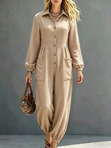 Breezaya Damen einfarbiger Langarm einreihiger Knopf-Taschendesign lässiger Hemd-Jumpsuit Picknick Beige Herbst - Khaki - Übersicht 3
