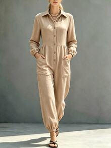Breezaya Damen einfarbiger Langarm einreihiger Knopf-Taschendesign lässiger Hemd-Jumpsuit Picknick Beige Herbst - Khaki - Übersicht 6