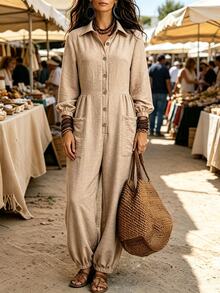 Breezaya Damen einfarbiger Langarm einreihiger Knopf-Taschendesign lässiger Hemd-Jumpsuit Picknick Beige Herbst - Khaki - Übersicht 1