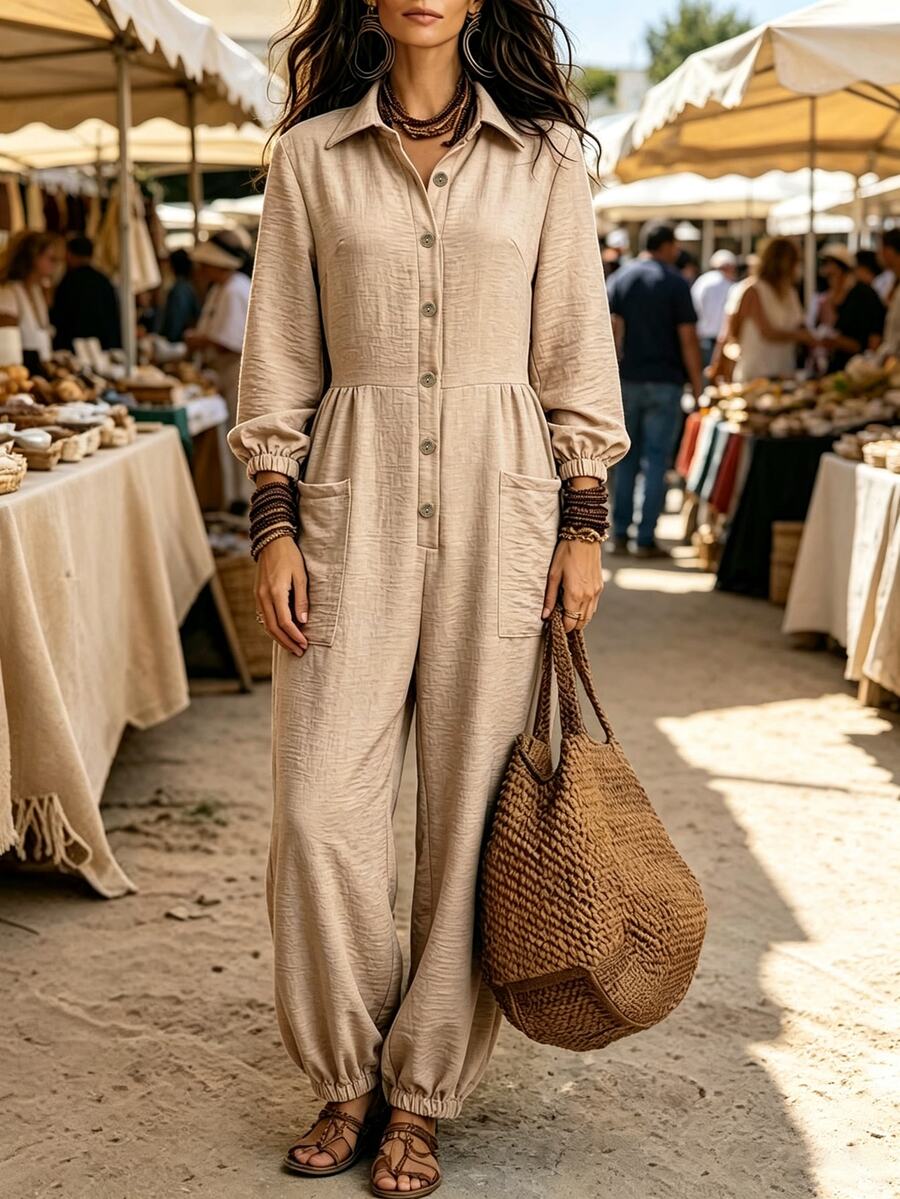 Breezaya Damen einfarbiger Langarm einreihiger Knopf-Taschendesign lässiger Hemd-Jumpsuit Picknick Beige Herbst - Khaki - Übersicht 1