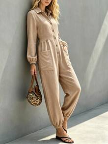Breezaya Damen einfarbiger Langarm einreihiger Knopf-Taschendesign lässiger Hemd-Jumpsuit Picknick Beige Herbst - Khaki - Übersicht 4