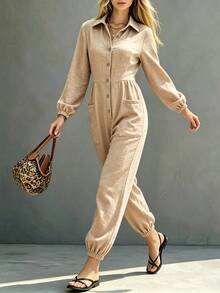 Breezaya Damen einfarbiger Langarm einreihiger Knopf-Taschendesign lässiger Hemd-Jumpsuit Picknick Beige Herbst - Khaki - Übersicht 5