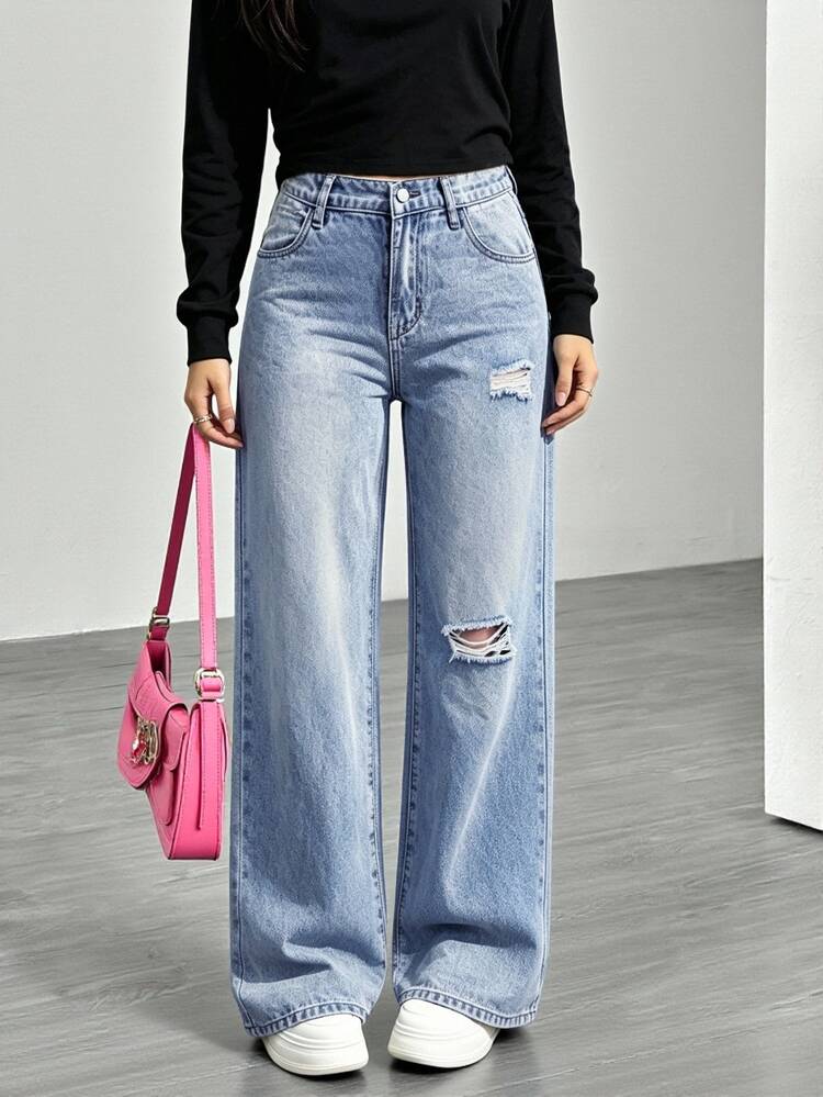 SHEIN Girls' Denim Long Pants, All-Season, Soft, Cotton, Casual, Fashionable, Versatile, Comfortable, Minimalist, Elastic Waistband, Classic Five-Pocket Style + Distressed Ripped Design, Loose Straight-Leg Wide-Leg Fit, Light Blue Washed Denim Long Pants Suitable For Daily Wear And Vacation - Medium Wash - View 3