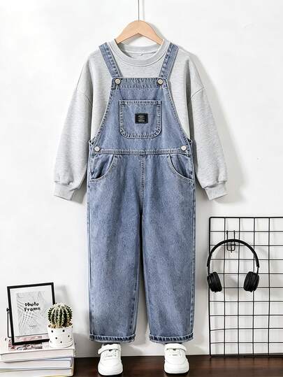 SHEIN Playful Pals Toddler Denim Overalls, Unisex, All-Season, Baby Blue Vintage Color, Casual Comfortable Style, Soft Cotton, Versatile For Daily Wear, School Winter