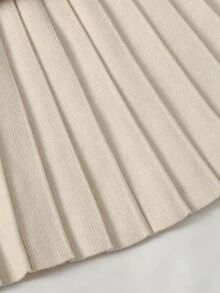 SHEIN مجموعة كنزة للبنات المراهقات بلون الشوفان مصنوعة يدويًا مع فيونكة من الأورجانزا، رقبة دائرية، أكتاف منسدلة، أكمام طويلة، كنزة بلوفر + تنورة مطوية متطابقة - لون مشمشي - مشاهدة 3