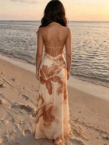 SHEIN Elegant Sexy Summer Vacation Beach Dress With Cowl Neck, Backless, Flowy And Sheer Design For Women - Apricot - View 2