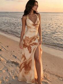 SHEIN Elegant Sexy Summer Vacation Beach Dress With Cowl Neck, Backless, Flowy And Sheer Design For Women - Apricot - View 1