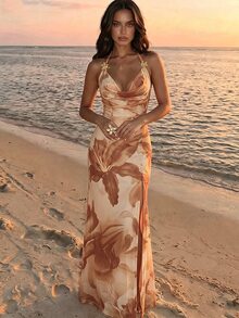 SHEIN Elegant Sexy Summer Vacation Beach Dress With Cowl Neck, Backless, Flowy And Sheer Design For Women - Apricot - View 5
