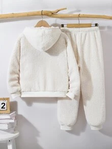 SHEIN 2件組兒童青少年男孩字母圖案針織柔軟圓領長袖套頭衛衣彈性腰長褲套裝，刷毛套裝，白色套裝，紐約刺繡套裝，男孩套裝，男孩米色套裝，適合冬季，適合秋季，返校季 - 米色 - 查看 3