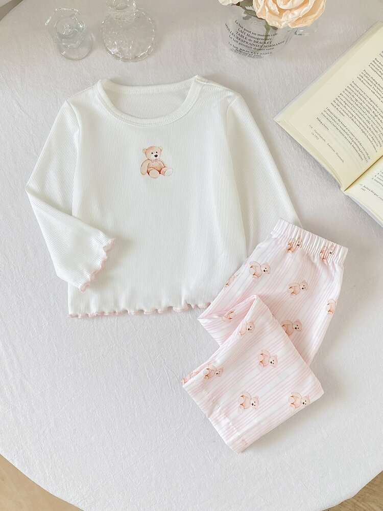 4 Sets Randomly Sent 1 Set Baby Girl Cute Bear Cherry Bow Print Elegant Simple Wavy Hem Round Neck Long Sleeve Top With Straight Leg Printed Pants 2-Piece Loungewear Set - Multicolor - View 1