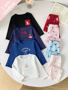 4套隨機發送 1套女嬰可愛熊櫻桃蝴蝶結印花優雅簡約波浪下擺圓領長袖上衣搭配直筒印花長褲 - 彩色 - 查看 7