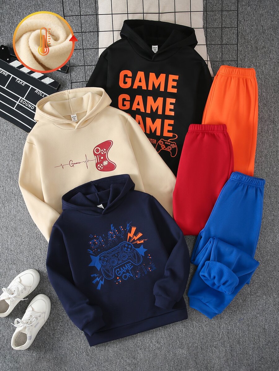 SHEIN 6件組兒童青少年男孩休閒日常百搭舒適遊戲機印花圖案連帽套頭鬆款運動衫與鬆款慢跑長褲針織兩件套，保暖內裡加厚運動服套裝