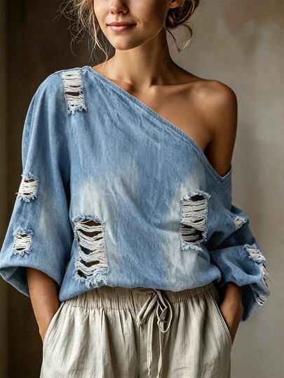 Breezaya Women's Elegant Casual Vintage-Style Cold Shoulder Shirt Tie-Dye Background Printed Fray-Look Patches