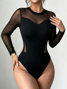 Elenzga Women's Solid Color Contrast Mesh Round Neck Long Sleeve Sexy Bodysuit - Black - View 1