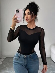Elenzga Women's Solid Color Contrast Mesh Round Neck Long Sleeve Sexy Bodysuit - Black - View 2
