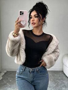Elenzga Women's Solid Color Contrast Mesh Round Neck Long Sleeve Sexy Bodysuit - Black - View 4