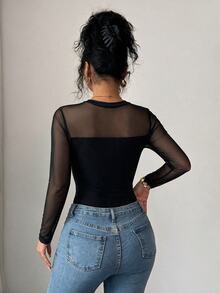Elenzga Women's Solid Color Contrast Mesh Round Neck Long Sleeve Sexy Bodysuit - Black - View 3