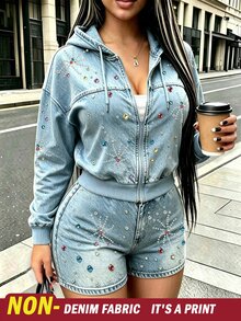 Rovax 女款時尚百搭丹寧質感彩色鑽石印花衛衣短褲兩件套 - 藏蓝色 - 查看 3