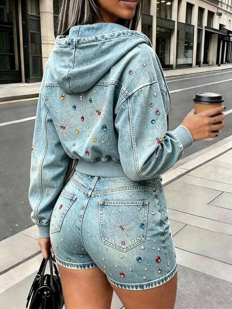 Rovax Women's Fashion Versatile Denim Effect Colorful Diamond Print Sweatshirt & Shorts 2-Piece Set - Navy Blue - View 2