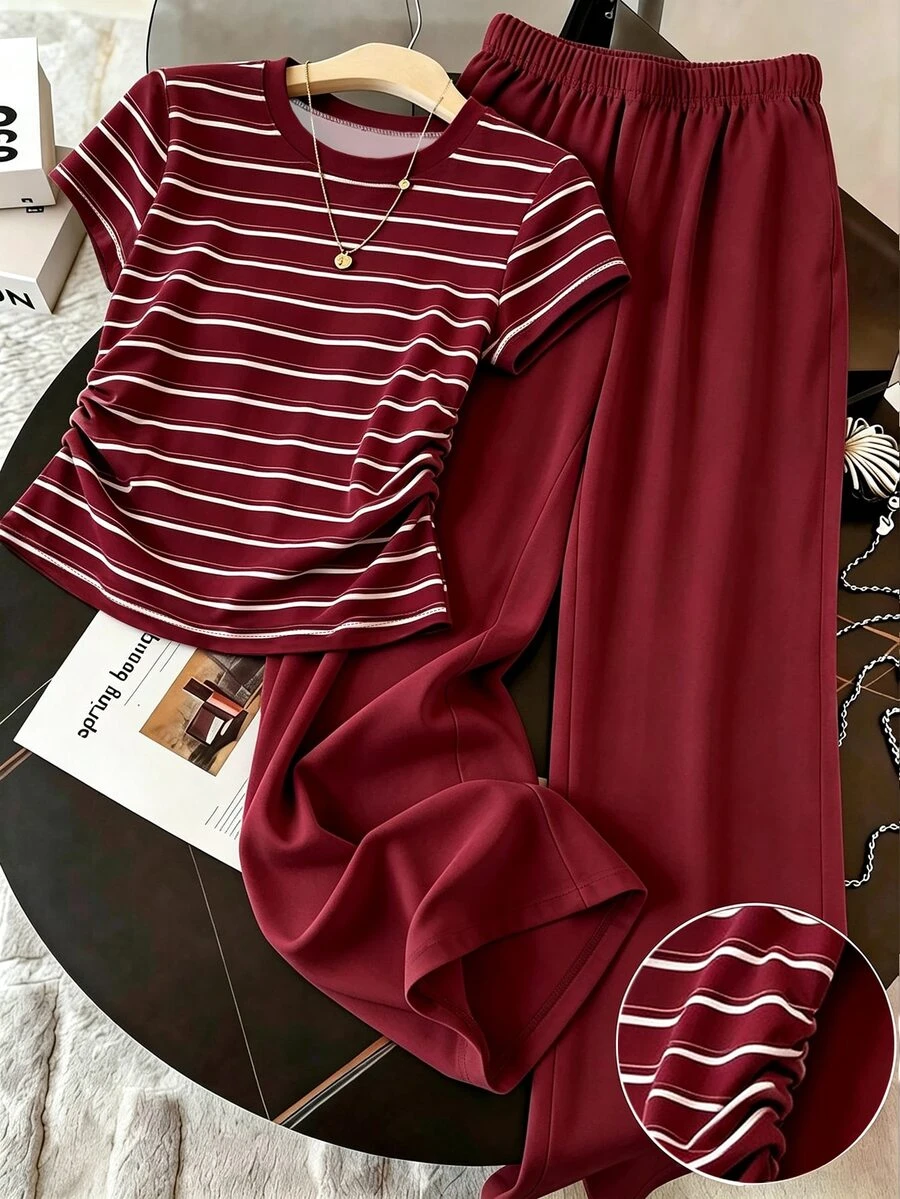 Resyla 女款夏季套裝,夏季穿搭,女款收腰T恤與長褲套裝,經典白紅條紋,酒紅多色條紋印花工藝,日常穿著,返校,通勤,休閒旅行 - 彩色 - 查看 1