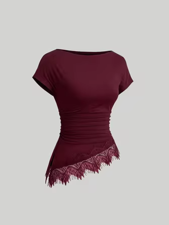 Sweetra Women's Lace Patchwork Pleated Casual Versatile Everyday T-Shirt