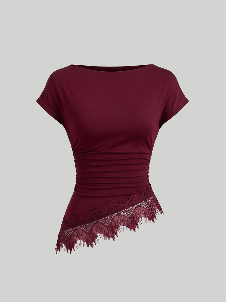 Sweetra Women's Lace Patchwork Pleated Casual Versatile Everyday T-Shirt - Burgundy - View 6