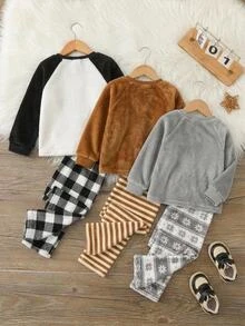 SHEIN Kids Young Boy Cartoon Pattern Contrast Raglan Sleeve T-Shirt And Plaid Pattern Long Autumn Pants Casual Comfortable Home Wear Fleece Pajama Set 2pcs - Black and White - View 2