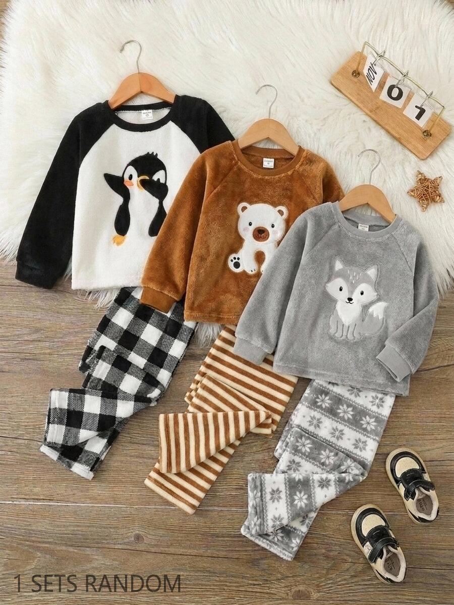 SHEIN Kids Young Boy Cartoon Pattern Contrast Raglan Sleeve T-Shirt And Plaid Pattern Long Autumn Pants Casual Comfortable Home Wear Fleece Pajama Set 2pcs - Black and White - View 1