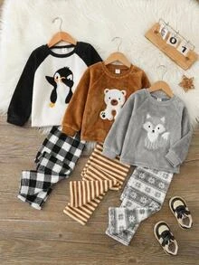 SHEIN Kids Young Boy Cartoon Pattern Contrast Raglan Sleeve T-Shirt And Plaid Pattern Long Autumn Pants Casual Comfortable Home Wear Fleece Pajama Set 2pcs - Black and White - View 8